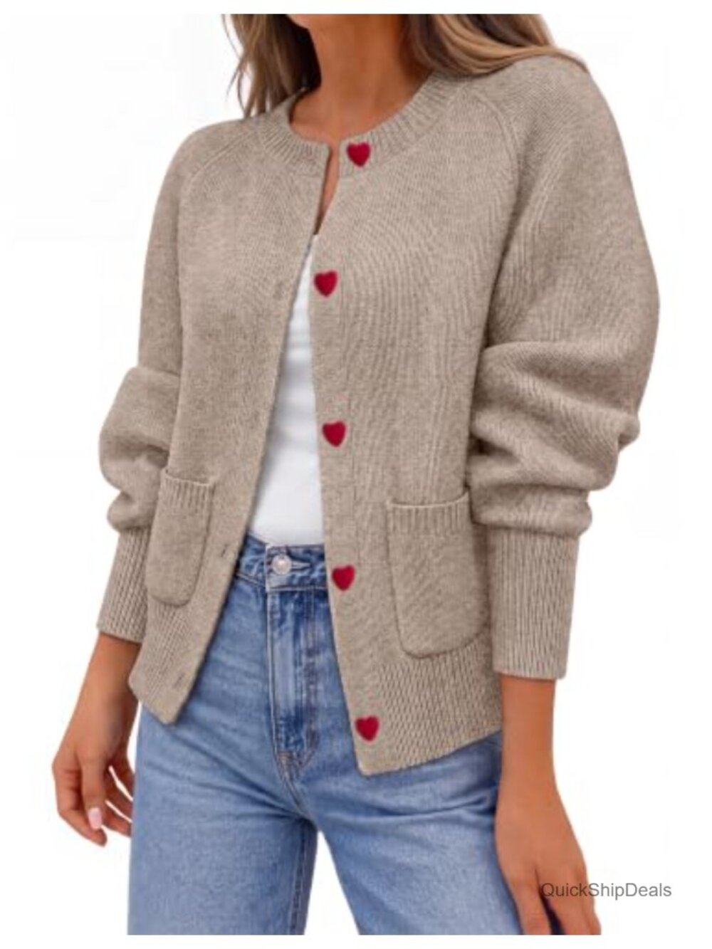 Button Up Open Front Cardigan Sweater Heart Buttons Long Sleeve Knit